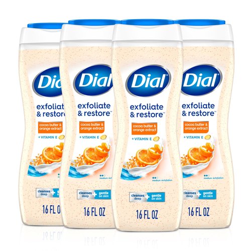 Dial Body Wash, Exfoliate & Restore Cocoa Butter & Orange Extract, 16 Fl Oz Pack of 4, With Vitamin E, Gentle, Leaves Skin Feeling Nourished, Dermatologist-Tested, No Parabens & Sulfates