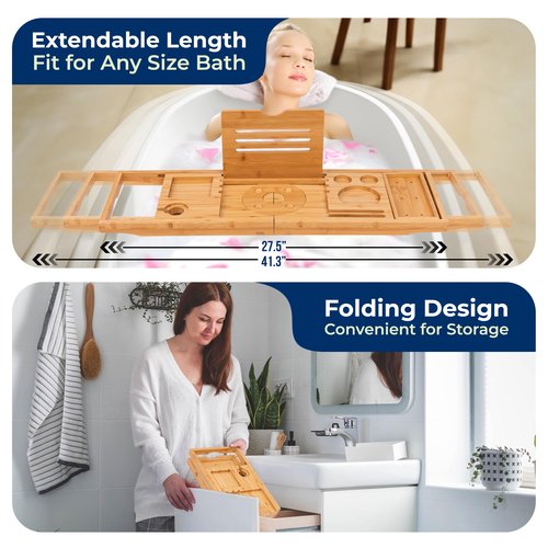 SereneLife Premium Foldable Bathtub Tray with Gift Box and Bow Set, Expandable Bath Tray, Unique House Warming Gifts, for Mom, Women, New Home, Wedding, Anniversary, Bridal Shower, Fit for All Tub