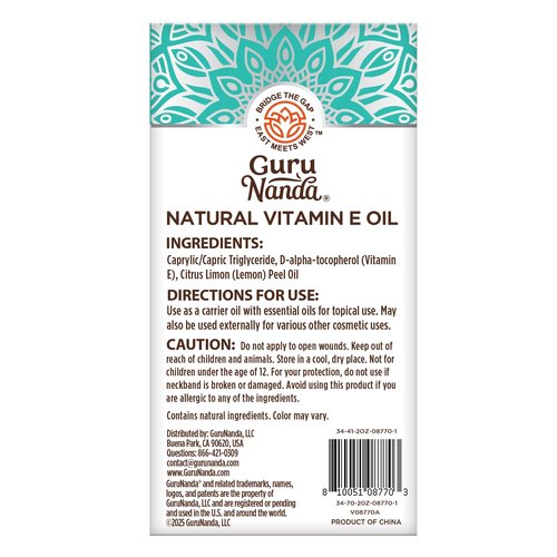 GuruNanda Pure & Natural Vitamin E Oil for Skin, Scars, Face, & Nails, 5,000 IU, With D-Alpha Tocopherol & MCT Oil to Help Enhance Absorption, Non-GMO & Vegan, 2 FlOz