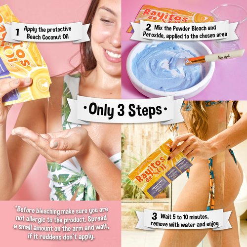 Rayitos de Sol Body Hair Bleach Kit with Coconut Oil Powder Bleach Peroxide Vol 30 - 9% Itch-Free | Legs Back Abdomen Arm Hair Bleach | Skin Protection and Nourishment