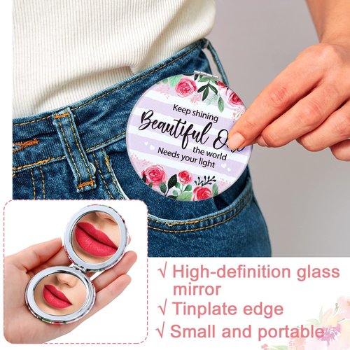 Panelee 10 Pcs Inspirational Compact Mirror Bulk Floral Pocket Purse Mirror Portable Travel Makeup Folding Handheld Double Sided 1x/2x Inspirational Gift for Women Girls