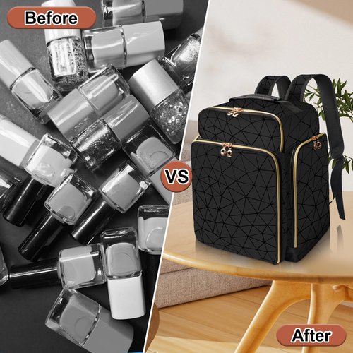 ahzske Nail Polish Organizer Backpack Holds 126 Bottles& Nail Lamp, Extra Large Nail Kit Supplies Organizer Bag with 3 Removable Cases, Portable Nail Organizers and Storage for Trave (Elegant Black)