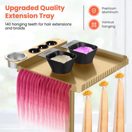TASALON Gold Salon Tray on Wheels – Salon Rolling Tray Set with Magnetic Hair Dye Bowl, Heat-Resistant Tool Rack, Hair Extension Holder for Styling, Rolling Tool Cart & Hair Salon Station Organizer