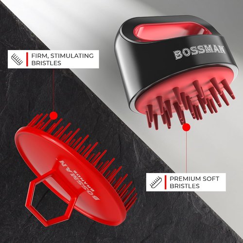 Bossman Scalp Massager & Shampoo Brush - 3 Inch Red Scalp Exfoliator & Head Scrubber for Hair and Beard Care