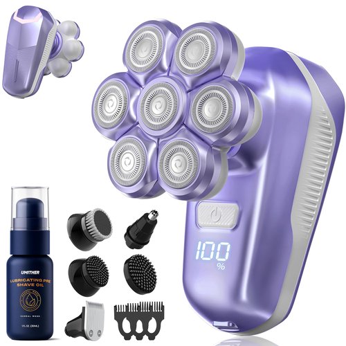 Electric Shaver for Women, Electric Razor with 7D Magnetic Shaver Heads, Wet Dry Waterproof Bald Head Trimmer Kit for Women & Men, Nose Ear Hair Trimmer, USB Rechargeable Clippers, Purple
