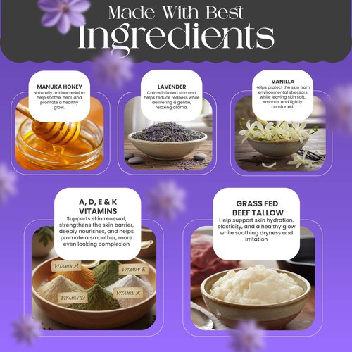 2.0 floz Grass Fed Beef Tallow and Honey balm - Lavender Vanilla Organic Beef Tallow for Skin is Ideal for Eczema, Stretch Marks, Psoriasis, Itching - Beef Tallow honey balm or Face & Body Moisturizer