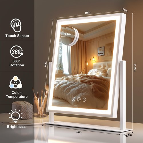 Hasipu Vanity Mirror with Lights, 12" x 14" LED Makeup Mirror, Light up Mirror with Smart Touch 3 Color Modes and Brightness Adjustment, 10X Magnifying Glass,360° Rotation