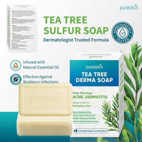 PURESKIN Sulfur & Tea-Tree-Oil Soap Bar: Natural Balanced Cleansing for Oily, Acne Dermatitis-Prone & Irritated Skin – Helps Reduce Body Odor & Blemishes – 2 Pack