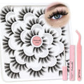 Veleasha Lashes 3D Fluffy False Eyelashes 10 Pairs Soft Faux Mink Lashes Lightweight Fake Eyelashes Wispy False Lashes Kit with Lash Glue and Lash Tweezers Handmade Strip Lashes (3D07 Kit)