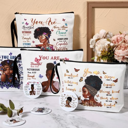 Roowest 20 Pcs Black Women Gifts Bulk Makeup Bag with Inspirational Compact Mirrors, Funny Small Travel Cosmetic Gifts for Womens Day Black Women