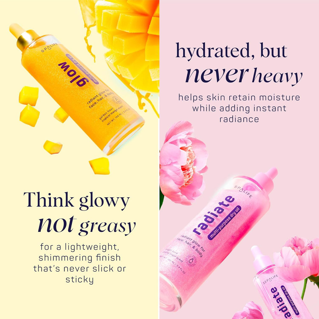 SpaLife Beauty Shimmer Oil Bundle - Radiate & Glow Dry Oil Duo with Mango & Peony Scents - Hydrating Moisture