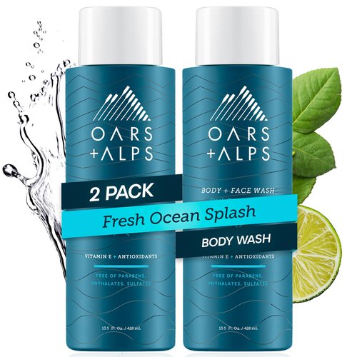 Oars + Alps Body Wash for Men, Mens Body Wash & Face Cleanser with Vitamin E & Antioxidants, Moisturizing, Paraben & Sulfate Free Cleanser, Fresh Ocean Splash, 2pk
