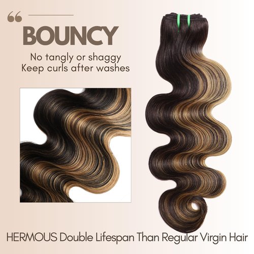 HERMOUS 13A Double Drawn FB/27 Human Hair Bundles Body Wave Blonde Highlight Color, Honey Blonde with Black Single Bundle Human Hair 100% Unprocessed Hair Colored Single Bundle Wavy Sew In 10 Inch