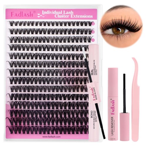FADLASH Lash Clusters Kit Individual Natural Eyelash Extensions with Lash Bond and Seal Lash Glue Remover and Eyelash Tweezers for Beginners DIY at Home (40D-0.07D, 8-16mm, Kit)