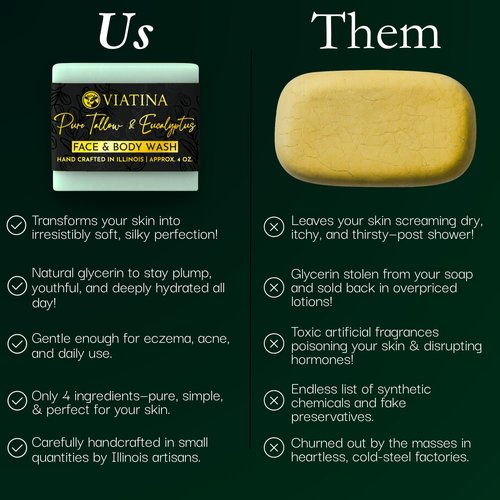 100% Beef Tallow Soap Bar Grass Fed - Natural Tallow Soap Bar for Women & Men - Eucalyptus Beef Tallow Soap - Handmade Grass Fed Tallow Soap made in USA - 3 Pack