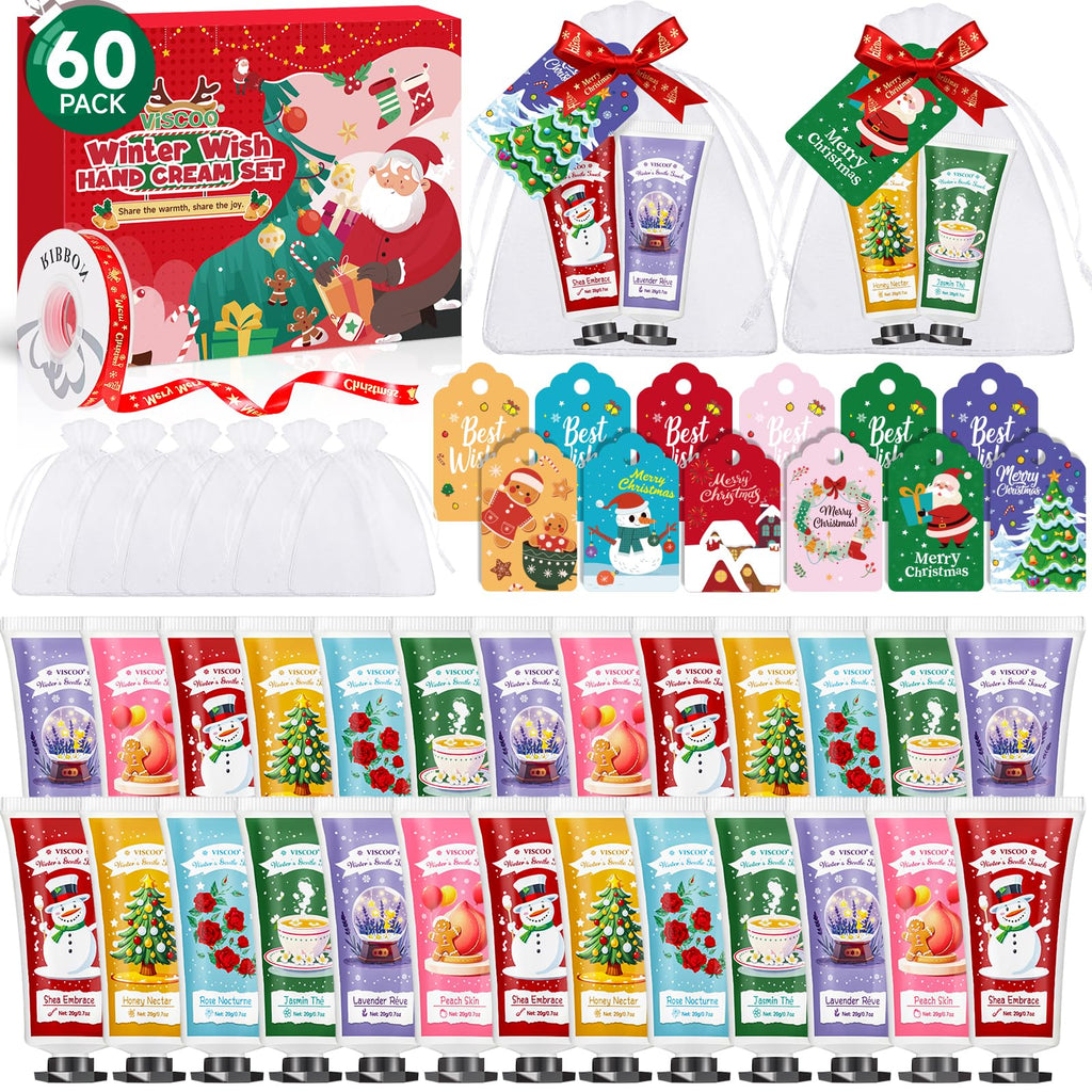 VISCOO 60 Sets Christmas Hand Cream Gift Set for Women, Hand Lotion In Bulk for Dry Cracked Hands Travel Size, Christmas Gifts with Cards and Organza Gift Bags, Stocking Stuffers for Women Teen Girls