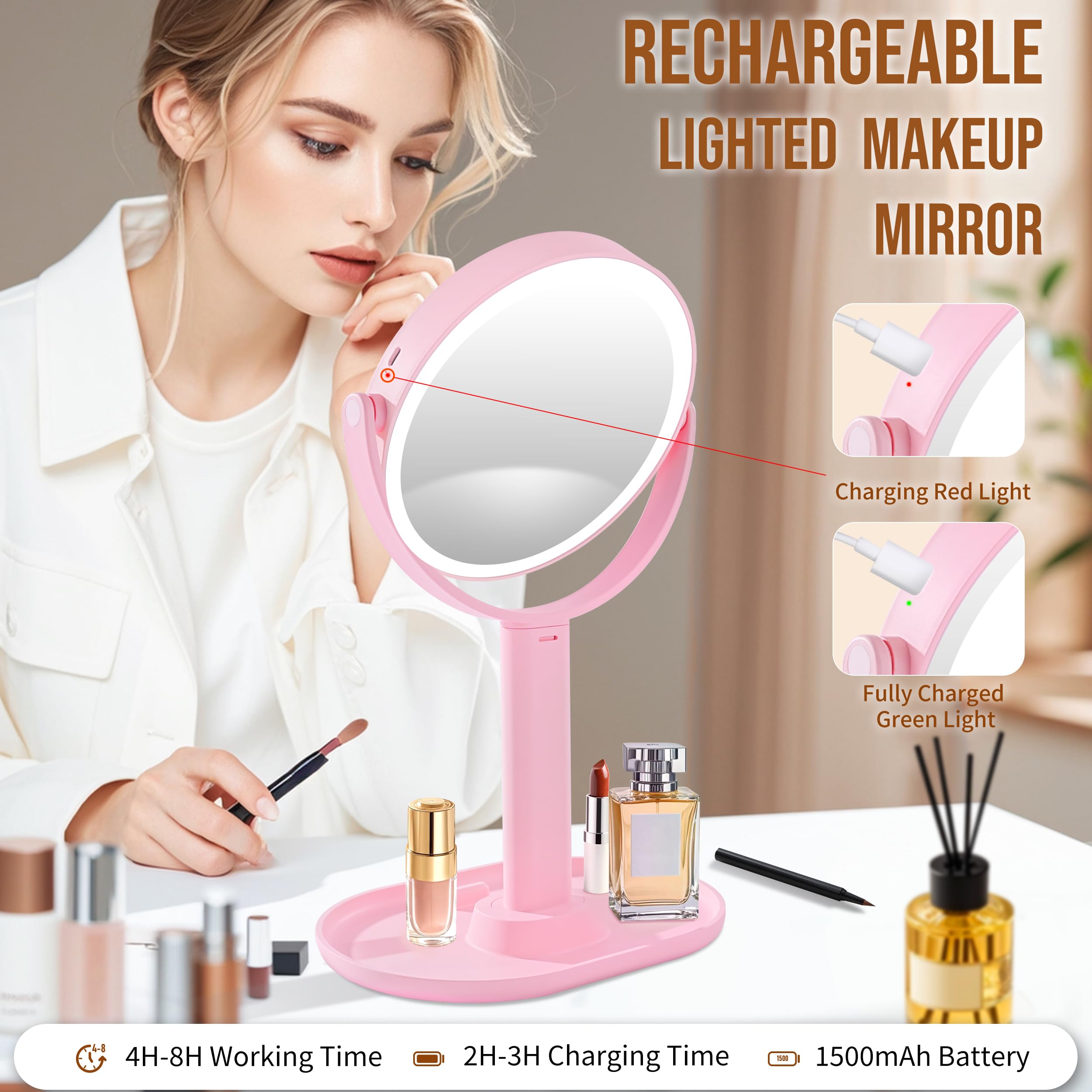vpu Vanity Makeup Mirror with Lights, 10X/1X Double Sided Magnifying Light up Desk Mirror with Stand Cosmetic Organizer, 3 Color Brightness Adjustable 360° Rotation Detachable for Travel