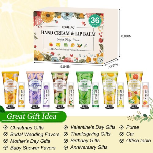 KONEUK 36 Pack Hand Cream Bulk and Lip Balm Bulk Sets, Easter Basket Stuffers, Thank You Gifts and Birthday Gifts with Thank You Card Organza Bags, Mothers Day Gifts, Teacher Gifts, Nurse Gifts