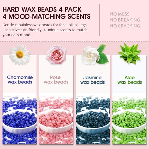 Keethem 400g Wax Beads, 4 Scents Hard Wax Beads for Coarse Hair Removal, Waxing Beans with for Face, Eyebrow, Bikini Brazilian for Women Men with 10 Applicators
