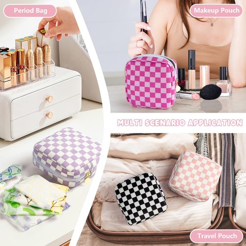 Desing Wish 5.1'' x 5.1'' Small Makeup Bag for Purse Flocked Material Mini Travel Makeup Bag with Two Inner Pockets Portable Cute Cosmetic Bags for Women (Black-White Checker)