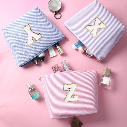 Huifen Personalized Gift Initial Makeup Bag, Cosmetic Bags for Women Travel Toiletry Cute Make Up Bag, Birthday Gift for Kids Teen Girls, Easter Basket Gifts Teacher Gift Trendy Stuff (Blue, G)