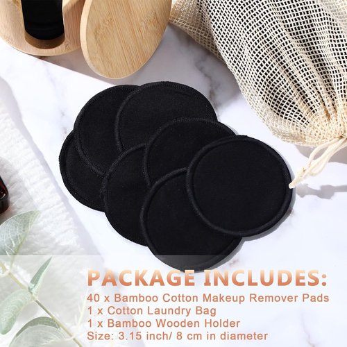 Foaincore Reusable Makeup Remover Pads - 40 Pcs Soft Bamboo Cotton Rounds with Storage Bag (Black)