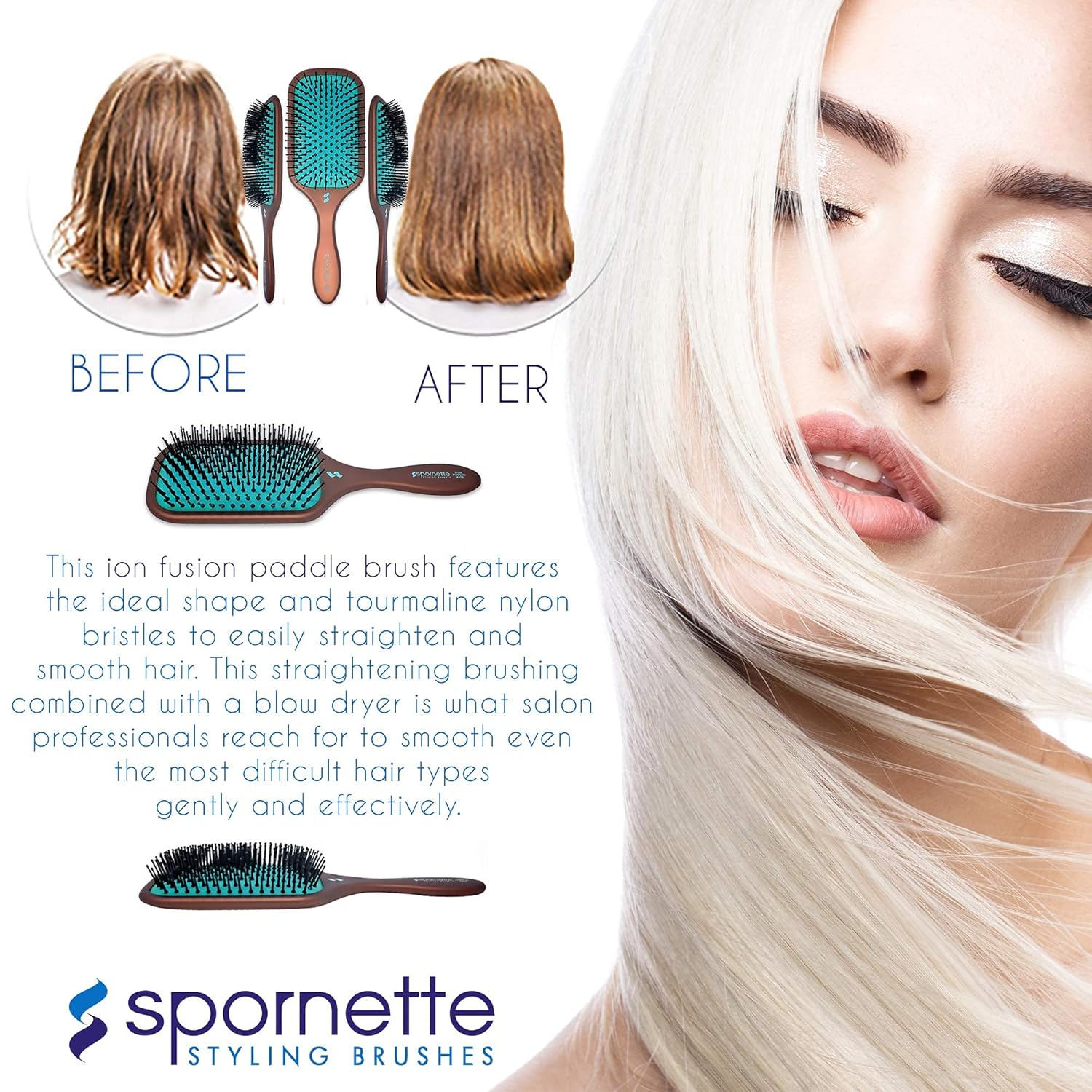 Spornette Ion Fusion Paddle Hair Brush - Ionic Bristles for Detangling & Smoothing | Medium to Long Hair