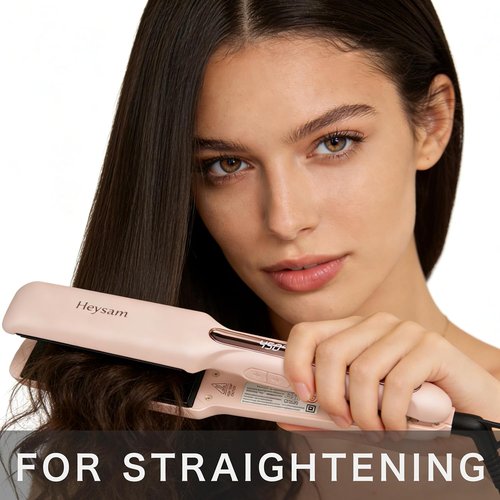 Heysam 2-in-1 Flat Iron Hair Straightener & Curler - Portable Dual Voltage, 1.6-Inch Wide, Fast Heating, Pink