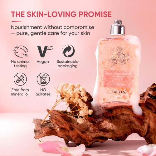 Easyes Rose Elixir Body Wash for Women, Moisturizing Essence Shower Gel with Triple Rose Formula, Hydrating Natural Cleanser, Gentle Foaming & Multi-Oil Nourishment, 7 oz
