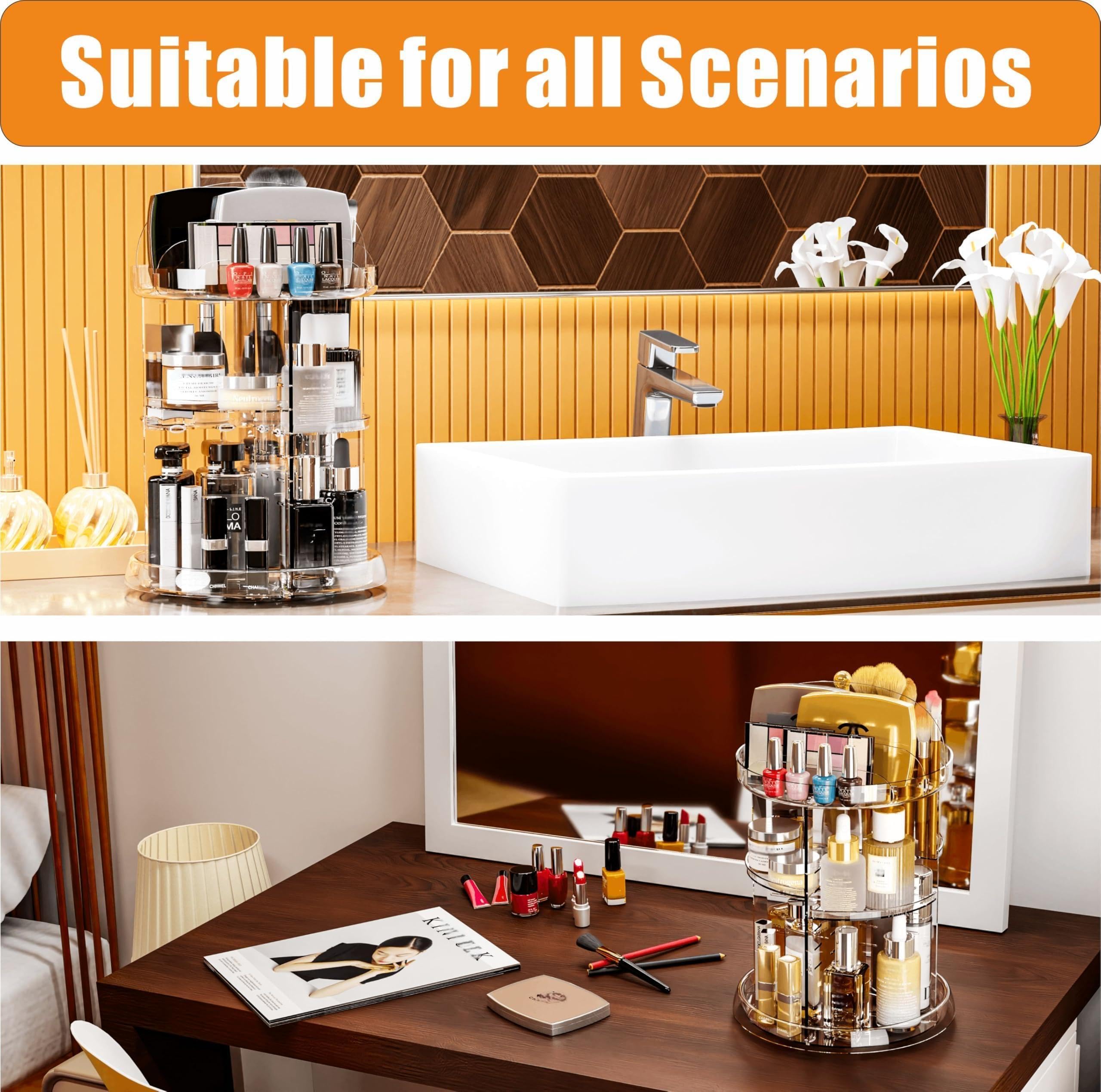 Yieach 360 Rotating Makeup Organizer for Vanity,Clear Spinning organizer and Make up organizers for Counter,Adjustable Lazy Susan Bathroom Organizer for Beauty Product and Skin Care Storage Carousel
