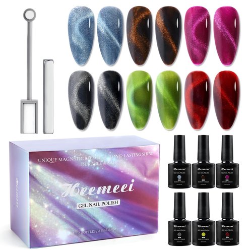 heemeei Cat Eye Gel Nail Polish, 6 Colors 8 ml Magnetic Blue Brown Purple Black Green Red Nail Polish Set with Magnetic Stick, Cat Eye Glitter Gel Polish, Spring Summer Magnetic Polish for Nail DIY
