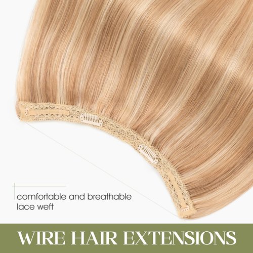 Charites Halo Hair Extensions Real Human Hair Invisible Wire Extensions with Transparent Fish Line Adjustable Size Golden Brown & Bleach Blonde 12 inch