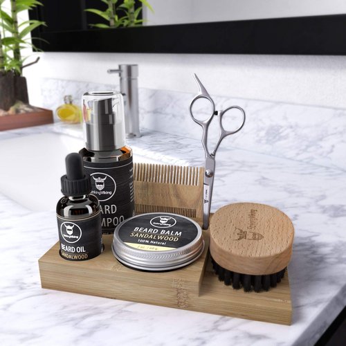 Striking Viking Beard Growth Kit - 7-Piece Set, Sandalwood - Softening Sandalwood Beard Oil & Balm - Brush with Mustache Comb & Scissors - Compact Caddy Organizer & Gifts for Men