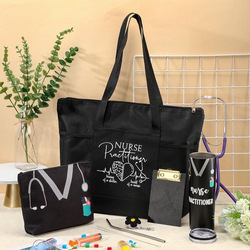 Sieral 5 Pcs Nurse Gifts Bulk for Women NP Gifts Tumbler Tote Makeup Bag Badge Clipboard for Coworker Nurse Practitioners(Black)