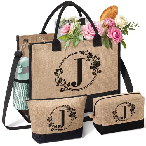 Personalized Gifts for Women, Initial Jute Tote Bag Beach Bag Makeup Bag, Monogrammed Birthday Gifts Tote Bag for Mom Women Her
