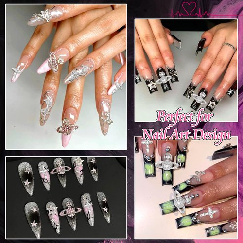 RODAKY 128PCS Silver Nail Charms Cross Star Charms for Nails 3D Saturn Planet Nail Jewelry Pink Nail Rhinestone Gems Mixed Style Y2K Nail Decoration Manicure Design Nail Accessories