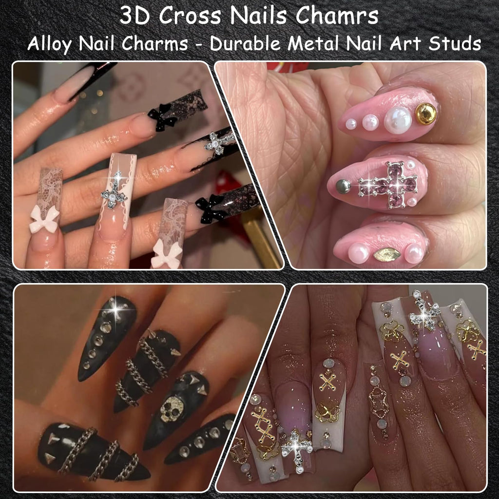 ZUMILLMN 100pcs 3D Cross Nail Charms 8 Styles Metal Nail Art Charms White Gold Silver Gold Black Cross Charms for Nails（100pcs）