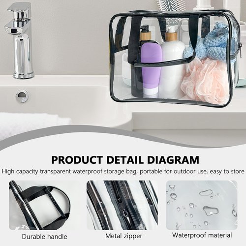 TotePrint PVC Clear Pure Color Transparent Large Zipper Cosmetic Pouch Travel Makeup Cosmetic Bag with Handle for Travel Bathroom Toiletry Organizer (Clear+Black Handle)