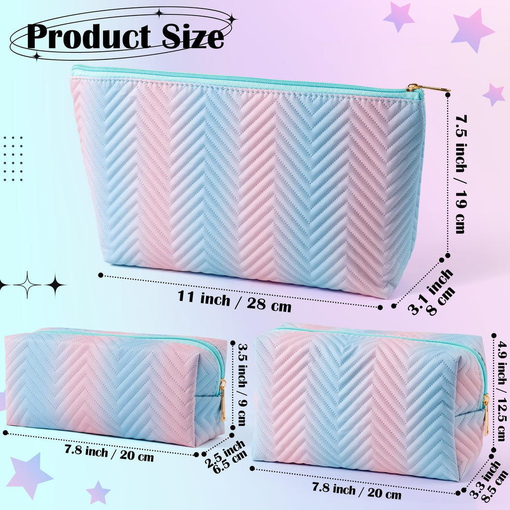 Y1tvei Gradient Makeup Bag Set - 3Pcs Blue Pink Gradient Makeup Bag Colorful Leather Waterproof Fantasy Cosmetic Pouch Makeup Brush Bag Zipper Carry Pouch Travel Toiletry Organizer Gifts for Women