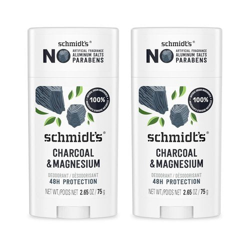 Schmidt's Charcoal & Magnesium Vegan Deodorant - Aluminum-Free, 48-Hour Odor Protection | 2.65 oz, Pack of 2