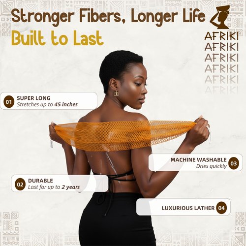 AFRIKI African Net Sponge – Exfoliating Body Scrubber, Black Owned & Rooted in Africa, All Skin Types | 45 in Long (Brown)