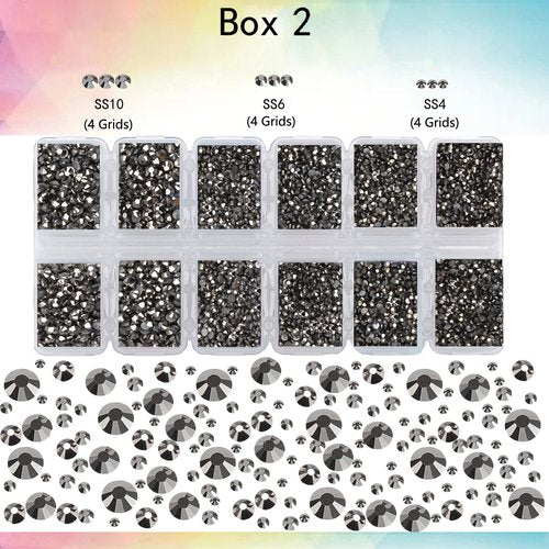 2-Box Massive Beads 8000pcs 6Sizes Nail Art Flatback Glasses Rhinestones Crystal for DIY Project with Tweezers and Picking Pen for Nail Art, Face Art, Manicure (Silver Flare, 6 Sizes)