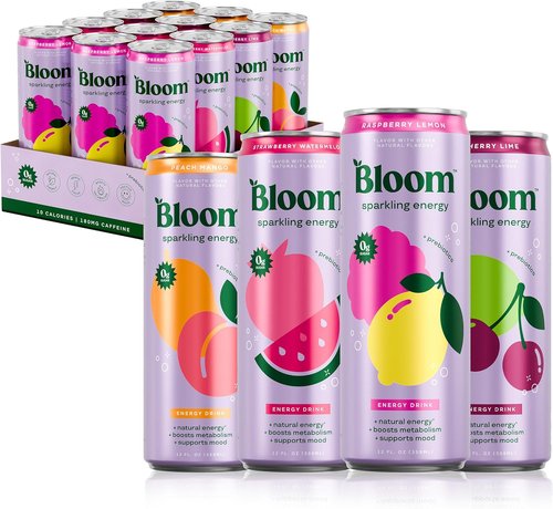 Bloom Nutrition Sparkling Energy Drink - Variety Pack with Natural Caffeine & Zero Sugar - 180mg Caffeine, Antioxidant-Rich, 12oz (12 Pack)