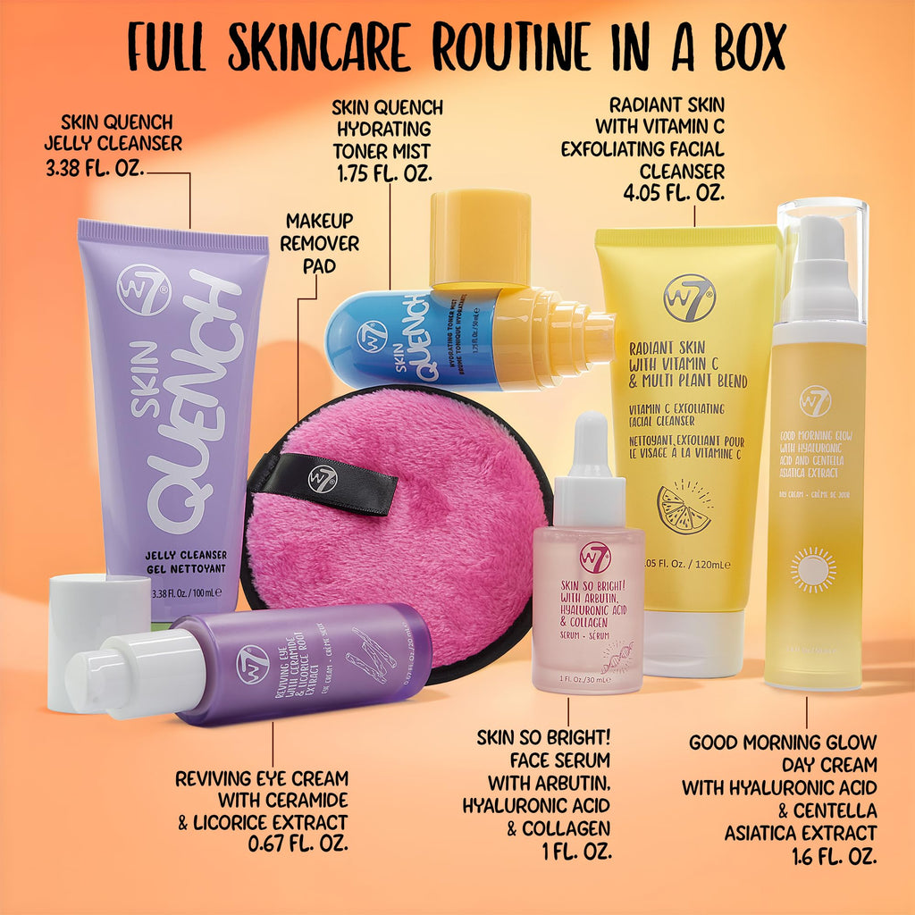 W7 Beauty Blast Skincare Secrets Set - Complete Full Size Skincare Routine with Day Cream, Serum, Cleansers, Toner Mist, Eye Cream and Makeup Remover Pad
