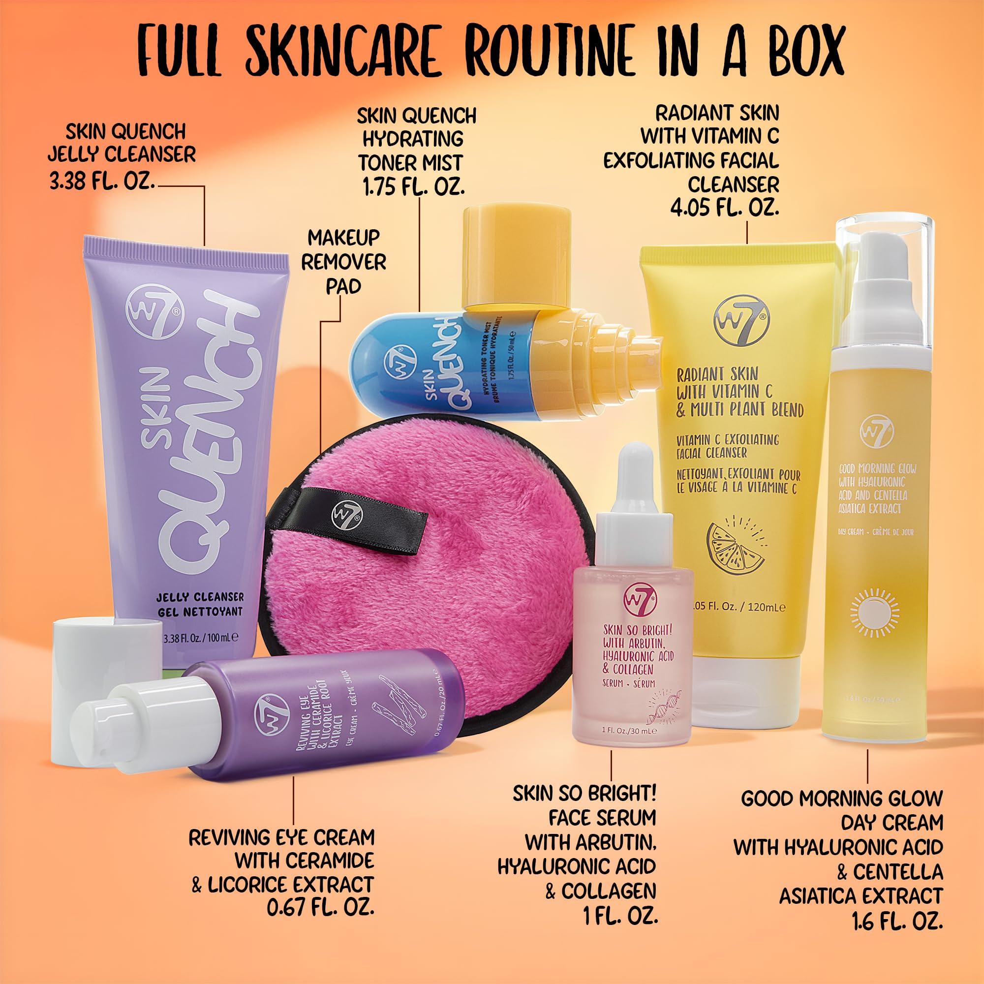 W7 Beauty Blast Skincare Secrets Set - Complete Full Size Skincare Routine with Day Cream, Serum, Cleansers, Toner Mist, Eye Cream and Makeup Remover Pad