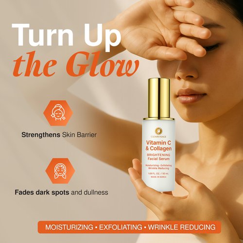Clear Visage Vitamin C Serum For Face with Collagen – Dermatologist Tested, Anti Aging, Korean Skin Care – Fades Look of Dark Spots, Smooths Fine Lines, Firms & Hydrates – Clean Beauty – 1.69 Fl. Oz
