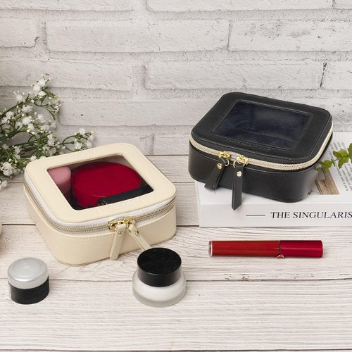 DIYOOHOMY Clear Makeup Bag with Zipper, Black Travel Toiletry Bag for Women, Mini Leather Cosmetic Organizer Case, Small Portable Purse Pouch