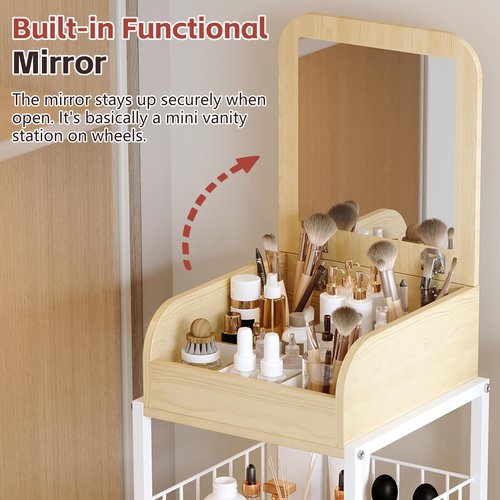 Makeup Cart Organizer with Mirror, Large Floor Skincare Organizers Make Up Organizers-Vanity Storage Organizer Cosmetic Display Cases Holder for Skin Care Perfume Nail Polish Brush Hair Tool (White)