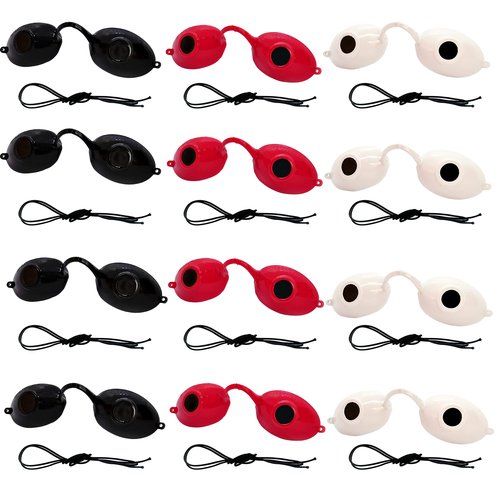 Super Sunnies UV Eye Protection FDA Compliant Eyeshields, Tanning Bed Goggles, Red Light Theraphy Glasses with Strap - 12 Pack Black/Red/White