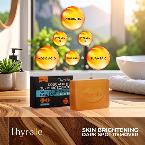Thyrelle Kojic Acid and Turmeric Soap (3.5 oz) I Kojic Acid Soap for Body and Face I Turmeric soap bar with Panthenol, Vitamin C, Vitamin E and Prebiotics